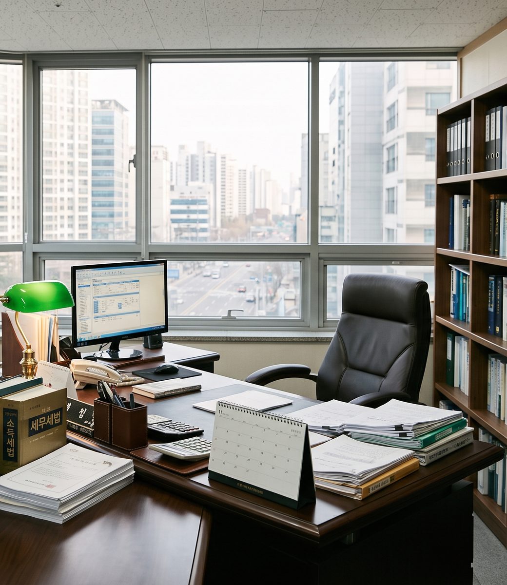 세법 책과 서류가 놓인 세무사 사무실